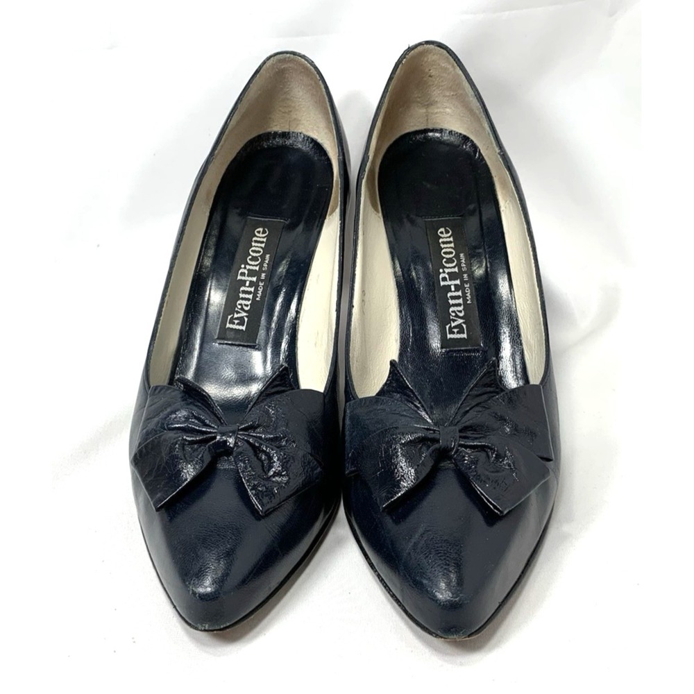 Evan Picone Pumps Womens 8.5 Navy Blue Leather Bow Pointy Toe Vintage 3" Heel - Picture 3 of 12